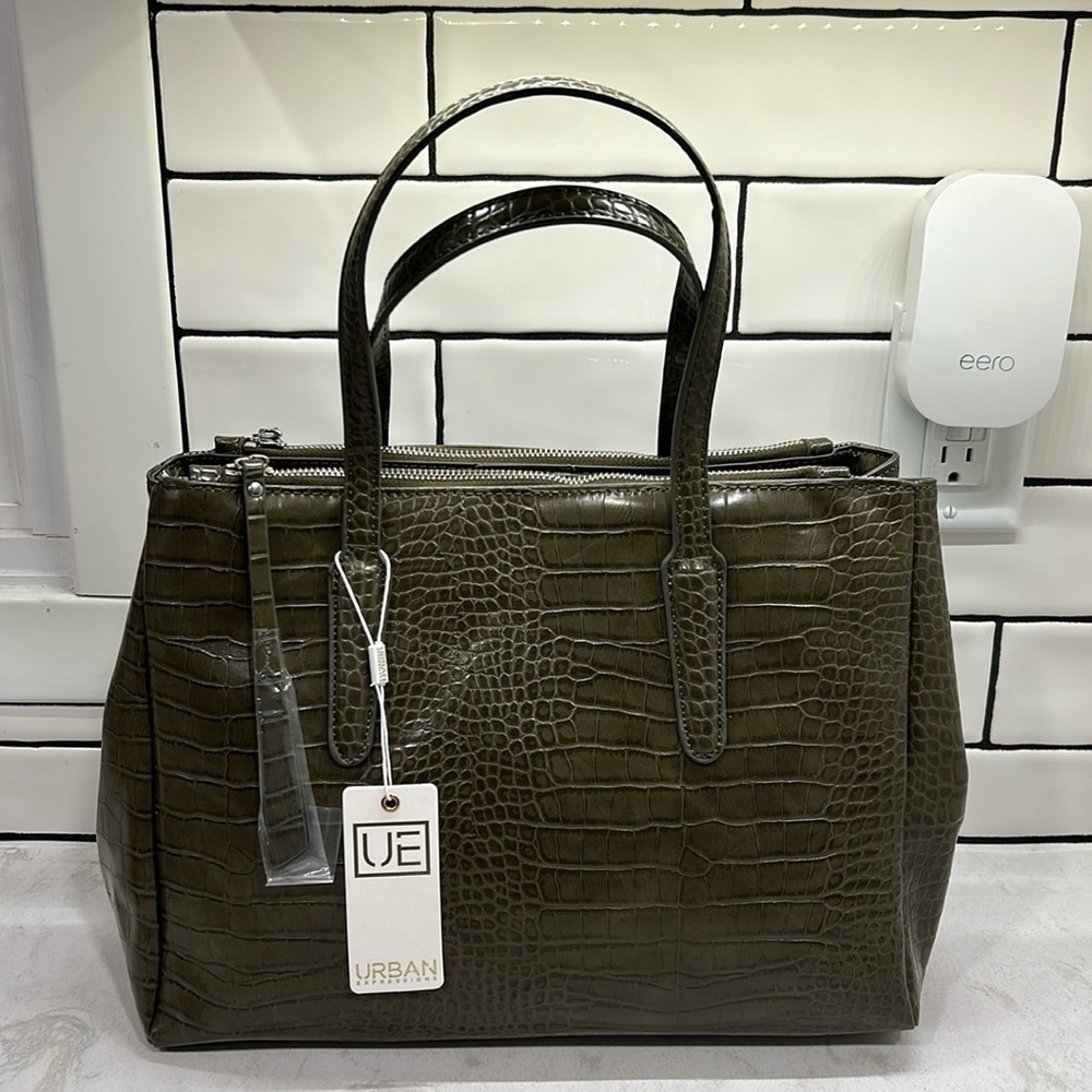 Urban Expressions Nora Satchel Green Olive‎ Crocodile Printed Vegan NWT